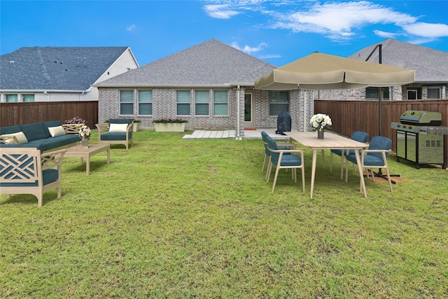 5524 Santa Elena Ct, Fort Worth, TX 76126 - rear view of house with an outdoor living space, brick siding, and roof with shingles