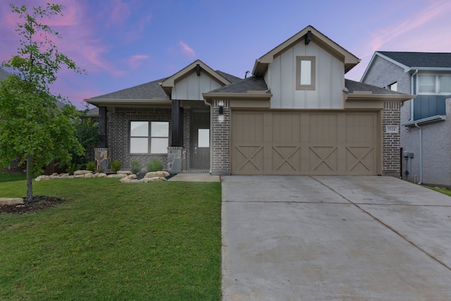 5524 Santa Elena Ct, Fort Worth, TX 76126 - view of front facade with a front lawn, board and batten siding, a garage, concrete driveway, and brick siding