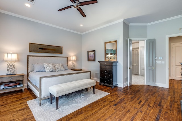 4637 Biltmoore Dr, Frisco, TX 75034 - bedroom featuring ornamental molding, wood finished floors, recessed lighting, and a ceiling fan