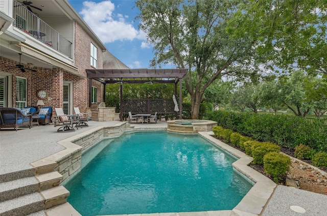 4637 Biltmoore Dr, Frisco, TX 75034 - view of pool with ceiling fan, a patio, a pergola, an outdoor hangout area, and a pool with connected hot tub