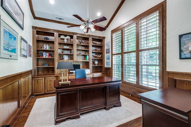 4637 Biltmoore Dr, Frisco, TX 75034 - home office featuring a ceiling fan, wainscoting, plenty of natural light, dark wood-type flooring, and crown molding
