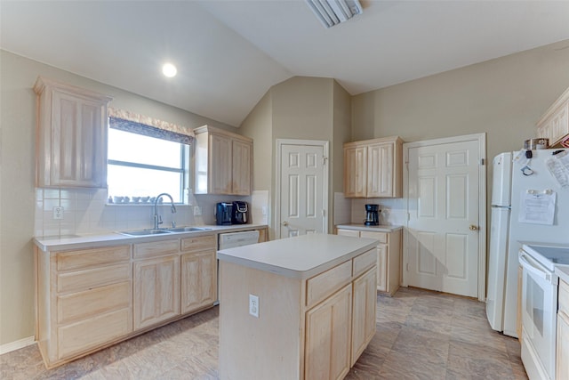 6905 Laurel Canyon Ter, Fort Worth, TX 76132 - kitchen featuring light brown cabinets, electric stove, backsplash, light countertops, and vaulted ceiling