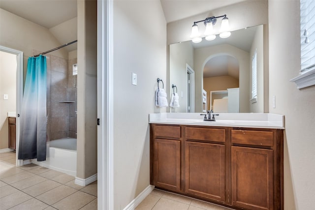3820 Buchanan St, Mckinney, TX 75071 - bathroom with tile patterned floors, vanity, shower / tub combo with curtain, and vaulted ceiling