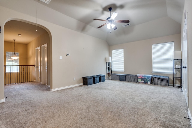 3820 Buchanan St, Mckinney, TX 75071 - unfurnished room featuring arched walkways, ceiling fan, carpet flooring, plenty of natural light, and vaulted ceiling