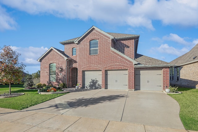 1701 Trinidad Way, Argyle, TX 76226 - traditional-style house with brick siding, roof with shingles, a front lawn, driveway, and an attached garage