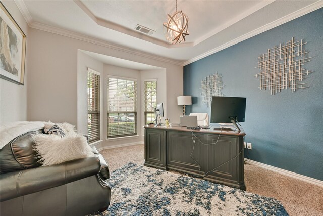 1220 Glendon Dr, Forney, TX 75126 - office area with carpet flooring, ornamental molding, a tray ceiling, and a chandelier