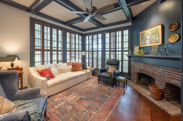 5906 Tiffany Ct, Arlington, TX 76016 - living room with wood-type flooring, ceiling fan, a brick fireplace, beam ceiling, and coffered ceiling