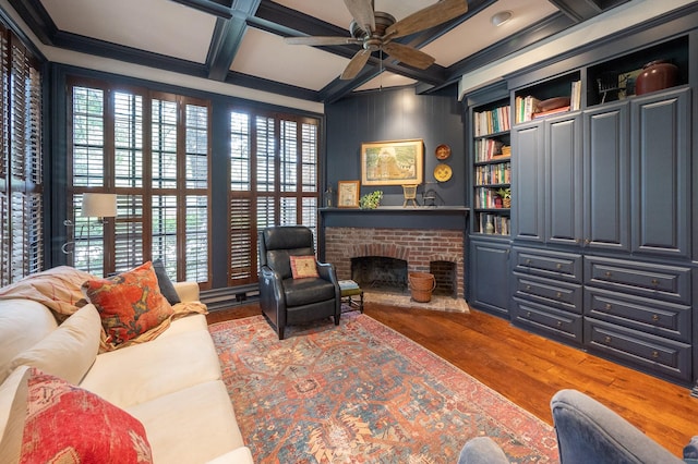 5906 Tiffany Ct, Arlington, TX 76016 - living area with ceiling fan, wood finished floors, a fireplace, coffered ceiling, and beam ceiling