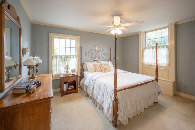 5906 Tiffany Ct, Arlington, TX 76016 - bedroom with crown molding, light carpet, multiple windows, wallpapered walls, and ceiling fan