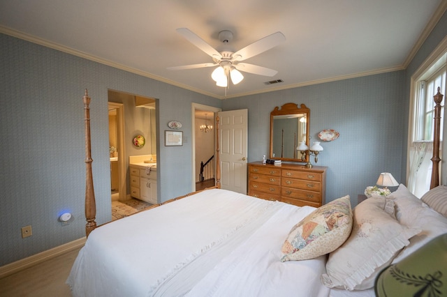 5906 Tiffany Ct, Arlington, TX 76016 - bedroom with ornamental molding, ensuite bath, ceiling fan, and wallpapered walls