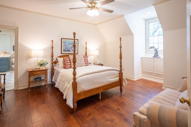 5906 Tiffany Ct, Arlington, TX 76016 - bedroom with dark wood-style flooring, vaulted ceiling, and ceiling fan
