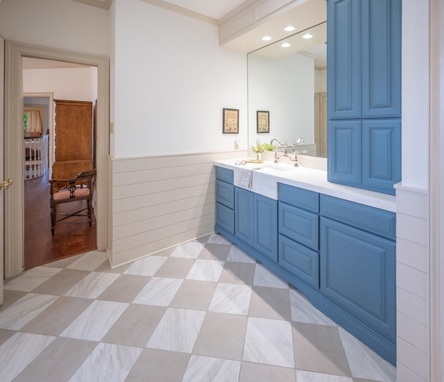 5906 Tiffany Ct, Arlington, TX 76016 - full bath with ornamental molding, vanity, a wainscoted wall, and recessed lighting