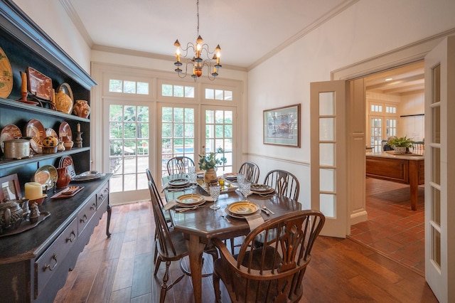 5906 Tiffany Ct, Arlington, TX 76016 - dining room featuring a chandelier, ornamental molding, wood finished floors, and french doors
