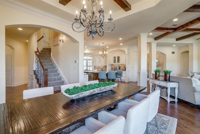 1204 E Scandinavian Ct, Granbury, TX 76048 - dining room with a chandelier, beam ceiling, recessed lighting, wood finished floors, and stairway