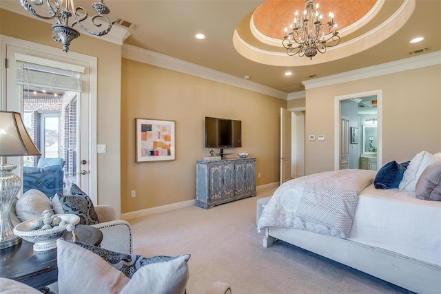 1204 E Scandinavian Ct, Granbury, TX 76048 - carpeted bedroom featuring a chandelier, crown molding, a raised ceiling, recessed lighting, and connected bathroom