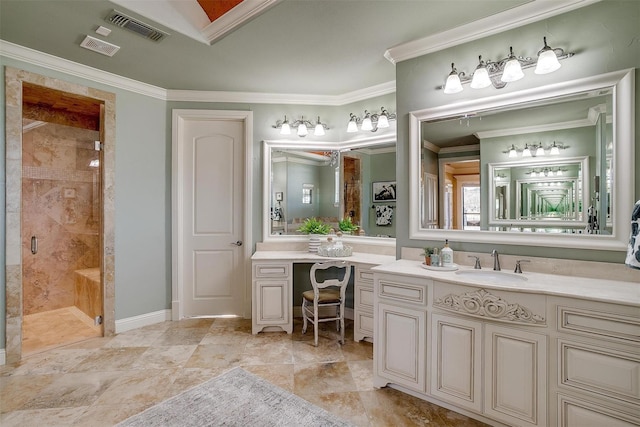 1204 E Scandinavian Ct, Granbury, TX 76048 - bathroom with a stall shower, vanity, and crown molding