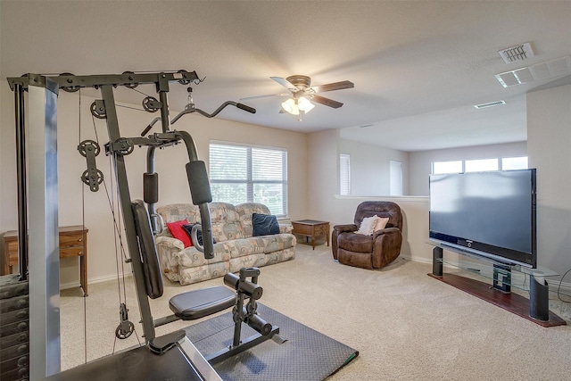 2536 Glenn Ranch Dr, Burleson, TX 76028 - workout area with a ceiling fan, carpet flooring, and healthy amount of natural light