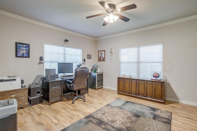 2536 Glenn Ranch Dr, Burleson, TX 76028 - home office with ornamental molding, ceiling fan, and light wood-type flooring