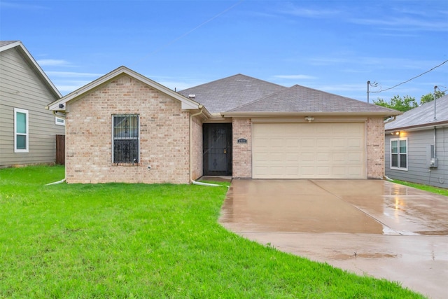 2017 Langston St, Fort Worth, TX 76105 - single story home featuring concrete driveway, brick siding, a front yard, and an attached garage