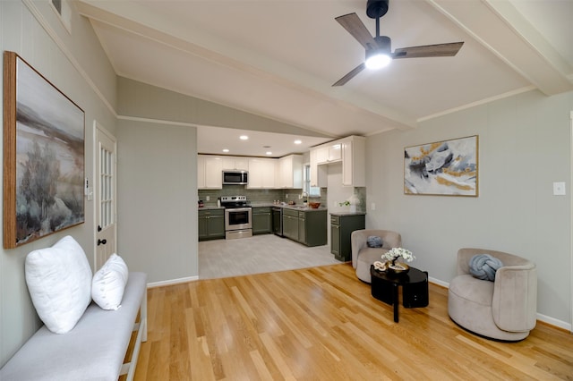 6817 Yolanda Dr, Fort Worth, TX 76112 - living room with light wood-style flooring, a ceiling fan, and recessed lighting