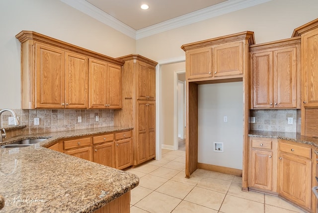 902 Blair Xing, Bossier City, LA 71111 - kitchen featuring light stone countertops, ornamental molding, light tile patterned flooring, backsplash, and recessed lighting