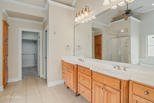 902 Blair Xing, Bossier City, LA 71111 - full bath with a stall shower, double vanity, a spacious closet, a ceiling fan, and tile patterned flooring