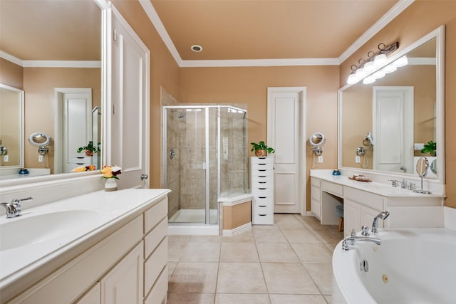 4263 Veneto Dr, Frisco, TX 75033 - bathroom with a stall shower, vanity, tile patterned floors, a tub with jets, and crown molding