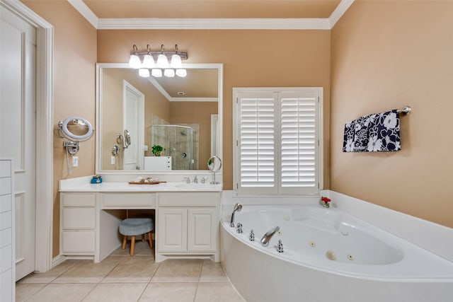 4263 Veneto Dr, Frisco, TX 75033 - full bathroom featuring a stall shower, a whirlpool tub, tile patterned floors, vanity, and ornamental molding