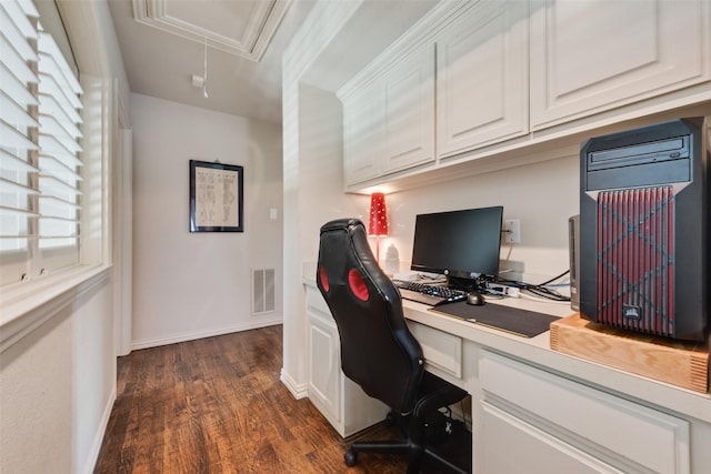 4263 Veneto Dr, Frisco, TX 75033 - office area with attic access and dark wood-style floors