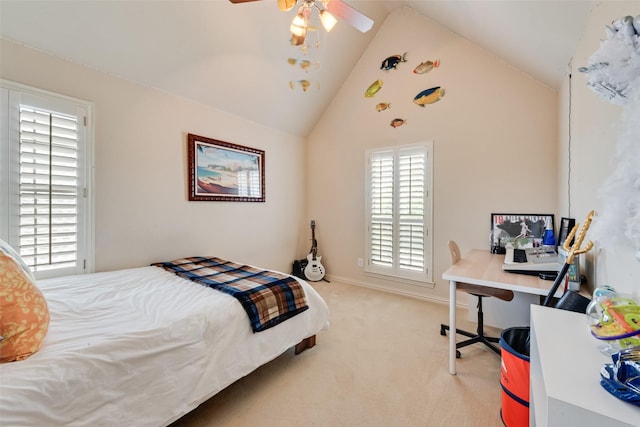 4263 Veneto Dr, Frisco, TX 75033 - carpeted bedroom with a desk, high vaulted ceiling, and a ceiling fan