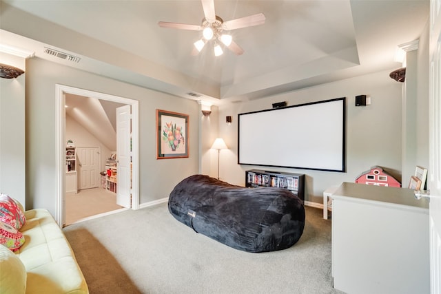 4263 Veneto Dr, Frisco, TX 75033 - carpeted cinema featuring a ceiling fan and a tray ceiling