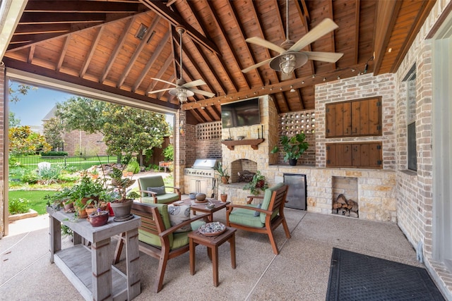 4263 Veneto Dr, Frisco, TX 75033 - view of patio / terrace with an outdoor fireplace, a ceiling fan, and area for grilling