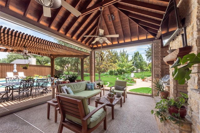 4263 Veneto Dr, Frisco, TX 75033 - view of patio with ceiling fan, outdoor dining space, a pergola, an outdoor living space, and a gazebo