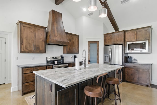 170 La Cresta Ln, Mineral Wells, TX 76067 - kitchen featuring stainless steel appliances, custom range hood, high vaulted ceiling, beam ceiling, and a kitchen bar