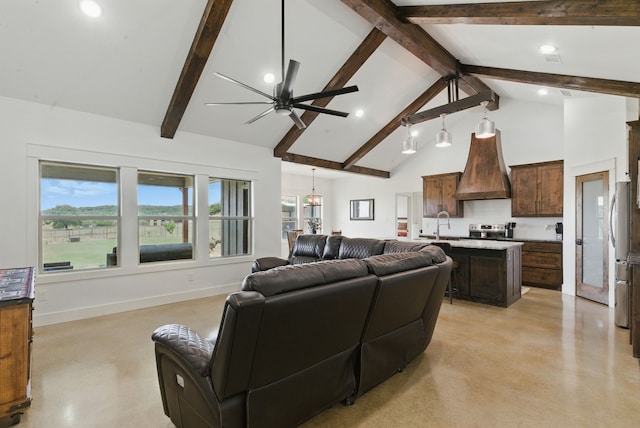 170 La Cresta Ln, Mineral Wells, TX 76067 - living room with ceiling fan, concrete flooring, high vaulted ceiling, beamed ceiling, and recessed lighting