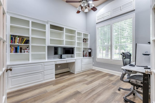 11722 Estacado Dr, Frisco, TX 75033 - office featuring ceiling fan, light wood finished floors, and built in desk