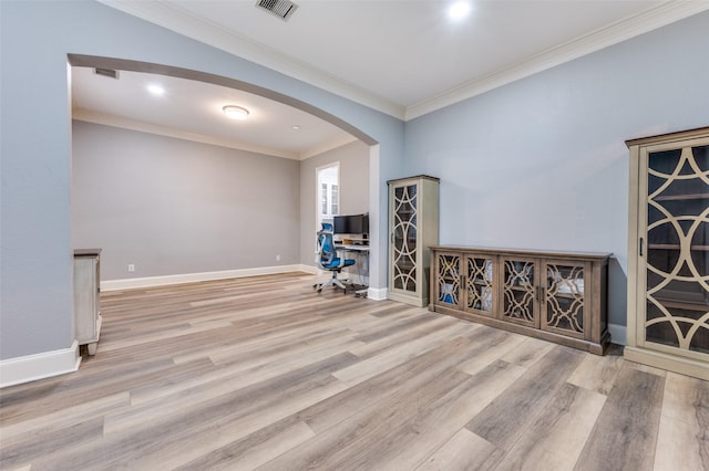 11722 Estacado Dr, Frisco, TX 75033 - unfurnished room featuring arched walkways, wood finished floors, ornamental molding, an office area, and recessed lighting