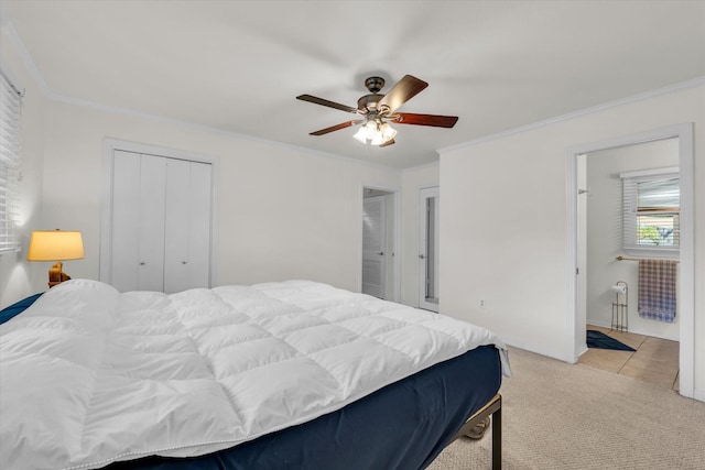 2113 Trinity Dr, Waco, TX 76710 - bedroom with crown molding, light colored carpet, a closet, ceiling fan, and light tile patterned flooring