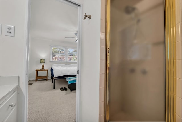 2113 Trinity Dr, Waco, TX 76710 - bathroom featuring a stall shower, ensuite bathroom, vanity, and a ceiling fan