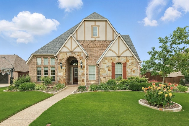 2428 Lilyfield Dr, Trophy Club, TX 76262 - tudor house featuring stucco siding, stone siding, roof with shingles, and brick siding
