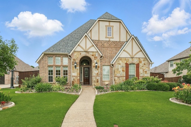 2428 Lilyfield Dr, Trophy Club, TX 76262 - english style home featuring stucco siding, a front lawn, stone siding, roof with shingles, and brick siding