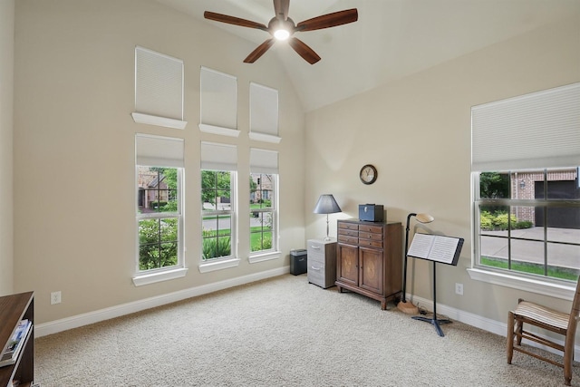 2428 Lilyfield Dr, Trophy Club, TX 76262 - office featuring ceiling fan, light carpet, and high vaulted ceiling