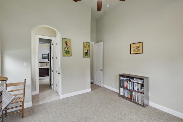 2428 Lilyfield Dr, Trophy Club, TX 76262 - bedroom with carpet floors, a towering ceiling, connected bathroom, and ceiling fan