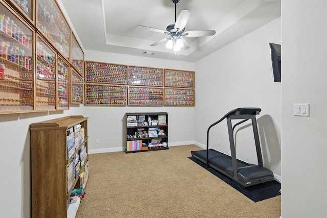 2428 Lilyfield Dr, Trophy Club, TX 76262 - exercise area with carpet, a ceiling fan, and a tray ceiling