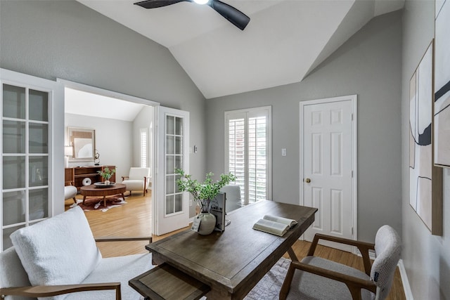 10715 Robincreek Ln, Frisco, TX 75035 - office with lofted ceiling, light wood finished floors, and a ceiling fan