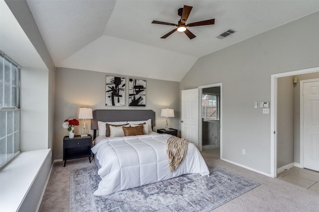10715 Robincreek Ln, Frisco, TX 75035 - bedroom featuring carpet, lofted ceiling, and ceiling fan