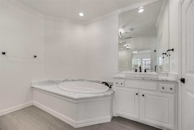 5513 Martel Ave, Dallas, TX 75206 - bathroom with vanity, a bath, crown molding, and recessed lighting