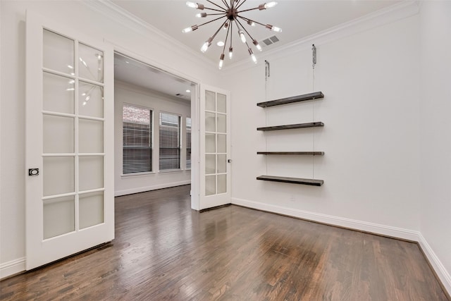 5513 Martel Ave, Dallas, TX 75206 - empty room featuring ornamental molding, french doors, wood finished floors, and a chandelier