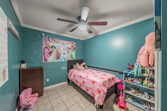 713 Keystone St, Mesquite, TX 75149 - tiled bedroom featuring a textured ceiling, crown molding, and ceiling fan