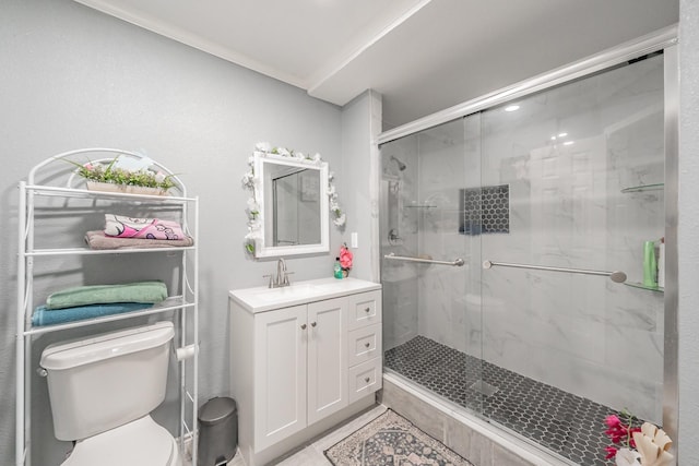713 Keystone St, Mesquite, TX 75149 - bathroom featuring vanity, a marble finish shower, tile patterned floors, and ornamental molding